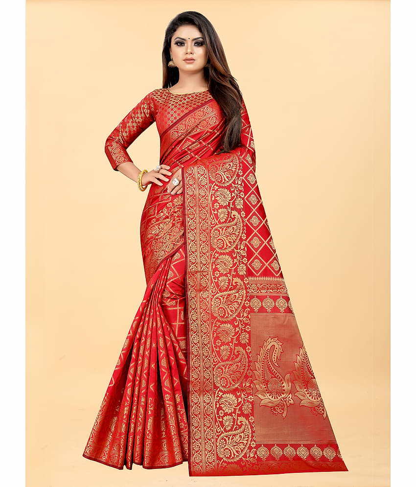 Gazal Fashions Banarasi Silk Embellished Saree With Unstitched Blouse Piece ( Red )