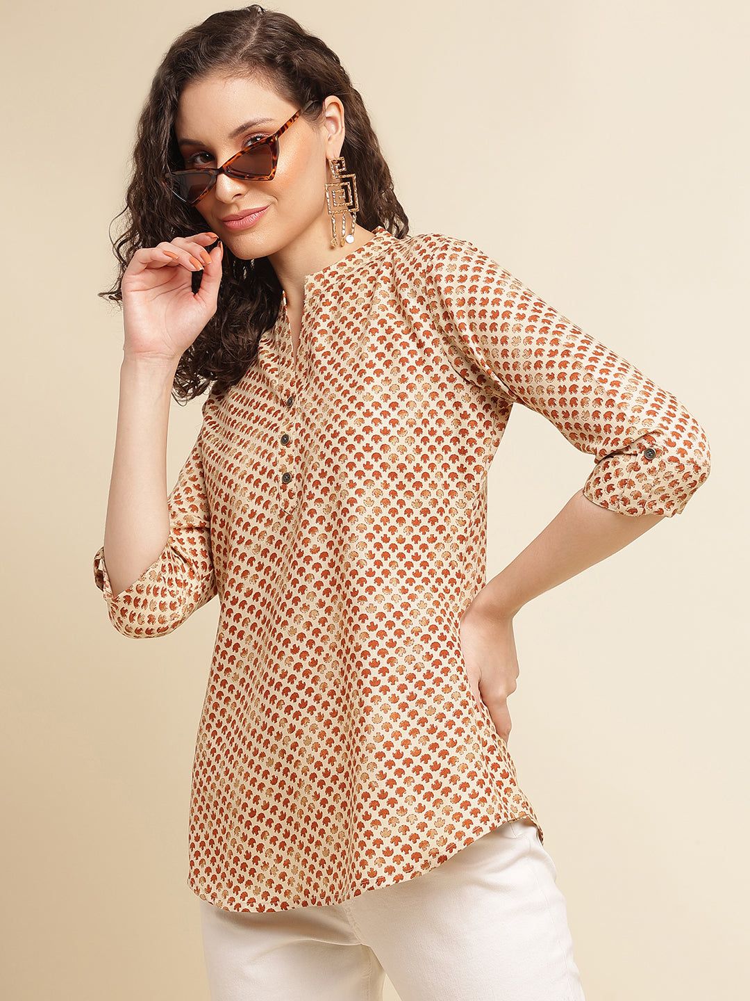Mustard Printed Cotton Blend Mandarin Neck Top-XS