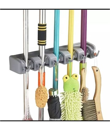Hingol  Mop and Broom Holder | Wall Hanging, 5 Slots with 6 Inbuilt Hanging Hooks/Magic Holder Broom and Mop Organizer