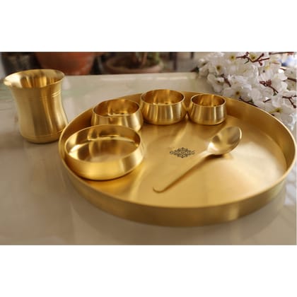 Brass 7 Pieces Dinner Set in Matt Finish, Set of 1 Thali, 1 Glass, 1 Spoon, 1 Halva Bowl, 2 Medium Bowl and 1 chutney bowl-1