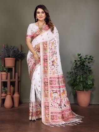 White Rajwadi Pashmina Silk Weaving Kashmiri Thread Woven Saree