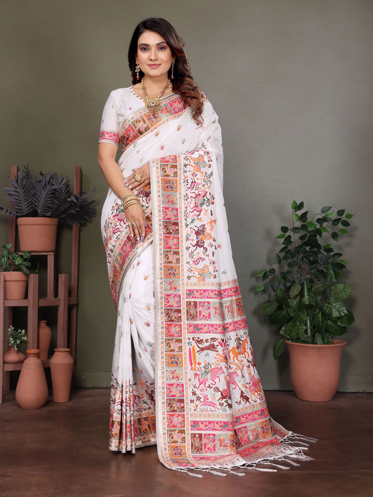 White Rajwadi Pashmina Silk Weaving Kashmiri Thread Woven Saree