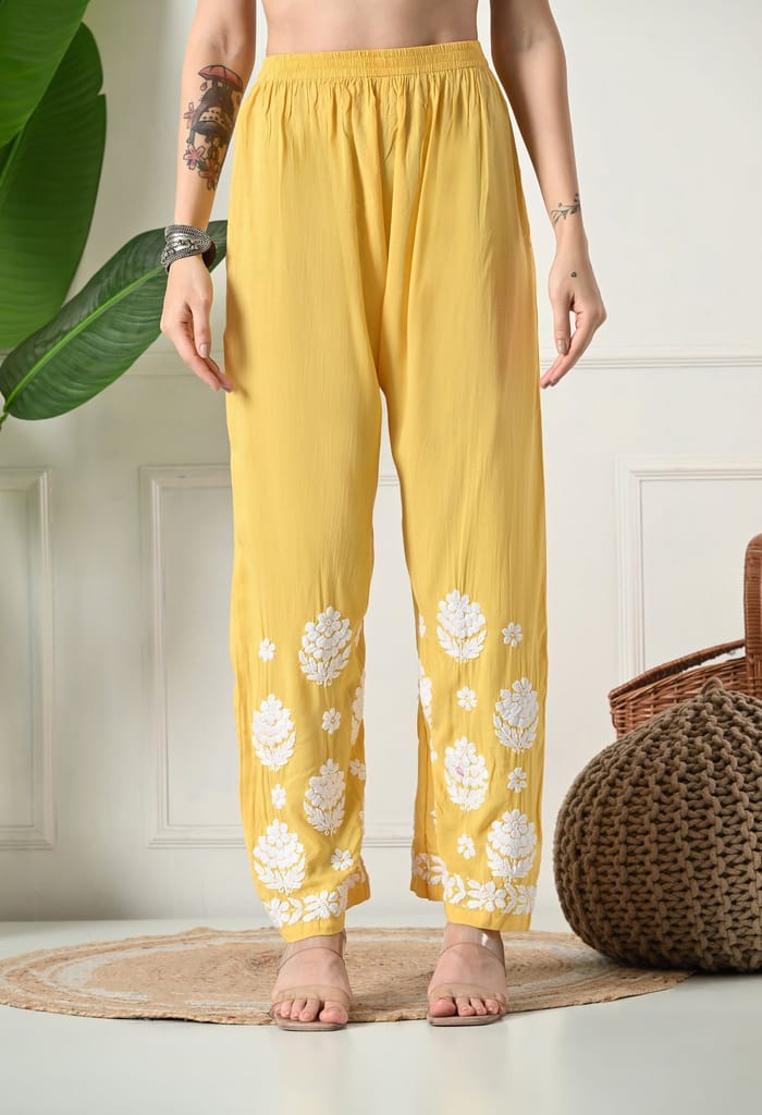 Hand Embroidered Chikankari Modal Plazo Set 3d Work-Yellow