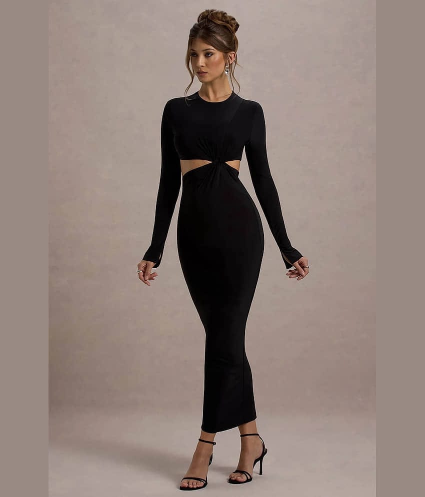 Traquila Women Lycra Solid Cut Out Dress ( Black )