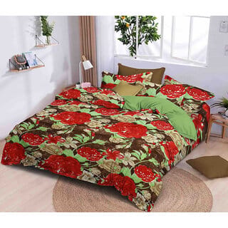 Black Bee  Red Hibiscus Flowers Print On Brown Base Double Bedsheet With 2 Pillow Covers (208 X 213 Cm)(Bs8-03)