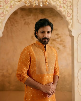 Orange Zari Brocade Kurta with Narrow Pants - Set of 2-XXS / XXS