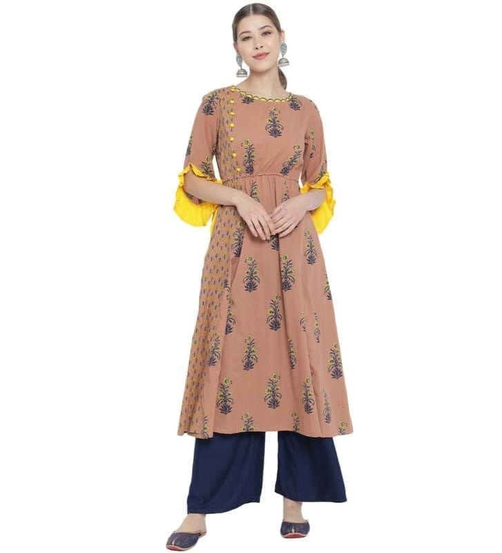 Women's Casual 3/4 th Sleeve Floral Printed Cotton Kurti (Multicolor, S)-PID48579