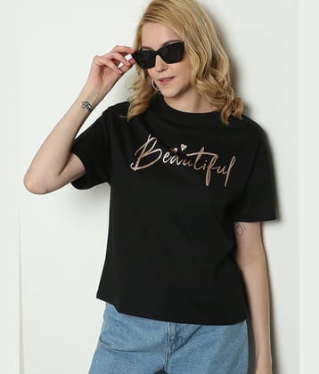 VIOUR Women Cotton Printed Oversized Fit Round Neck T-Shirt ( Black )