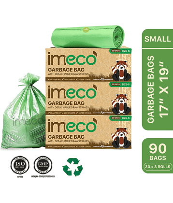 Eco-Friendly Garbage Bags | 90 Pcs | Small - 17 X 19 Inches | 30 Pcs x 3 Rolls | Green | Dustbin/Trash Bags with Detachable Drawstrings | Perfect for Dry & Wet Waste