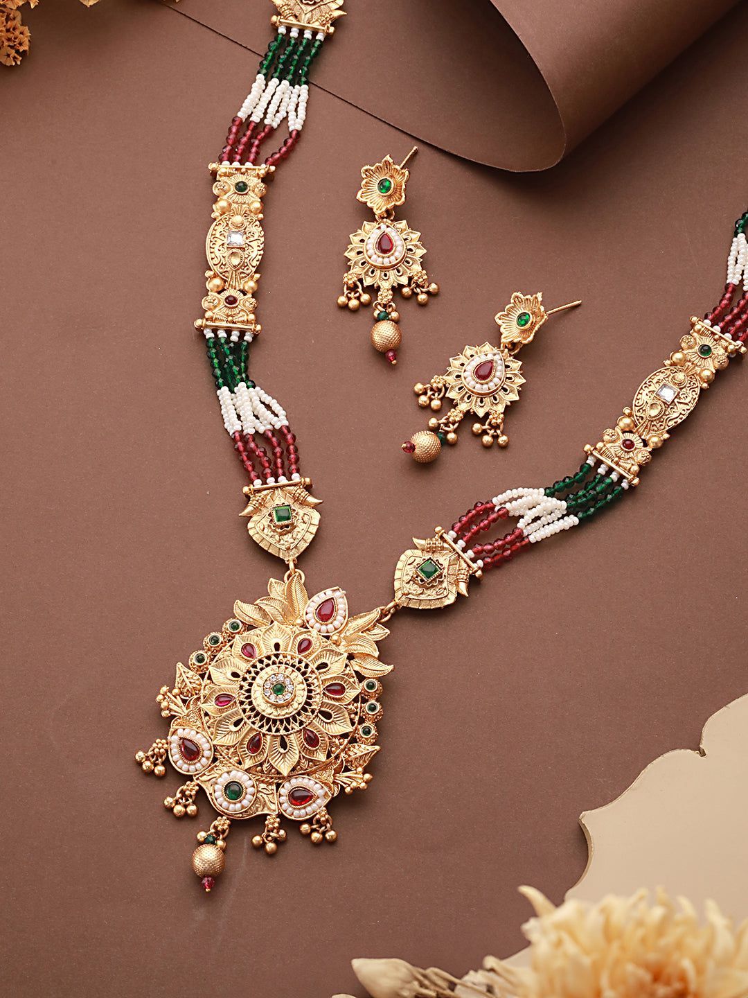 Gold Plated Fusion Stone Studded Pendant Long Maala Bridal Jewellery Set