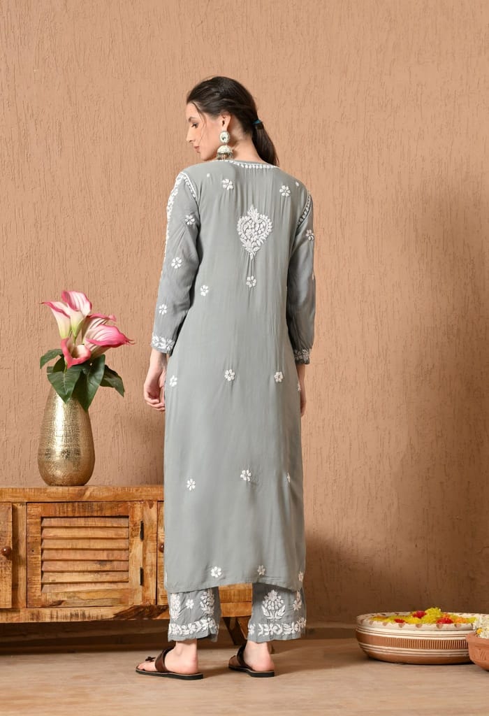 Hand Embroidered Chikankari Modal Plazo Set with 3D Floral Work – Ethnic Wear for Women