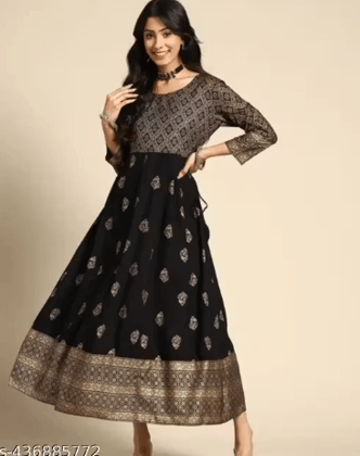 Stylish and beautiful Gold Printed Rayon long Kurta/Gown(Black)