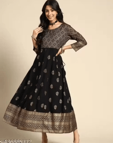Stylish and beautiful Gold Printed Rayon long Kurta/Gown(Black)
