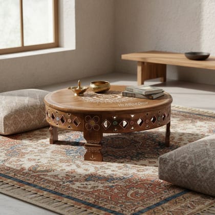 Attractive Wooden Hand Painted Round Chowki Table,Pooja Decor