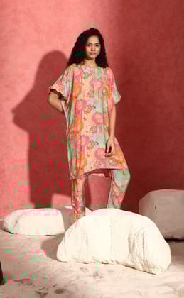 Multi colour print cape sleeve kurta pant set with embroidery on kurta patti-L