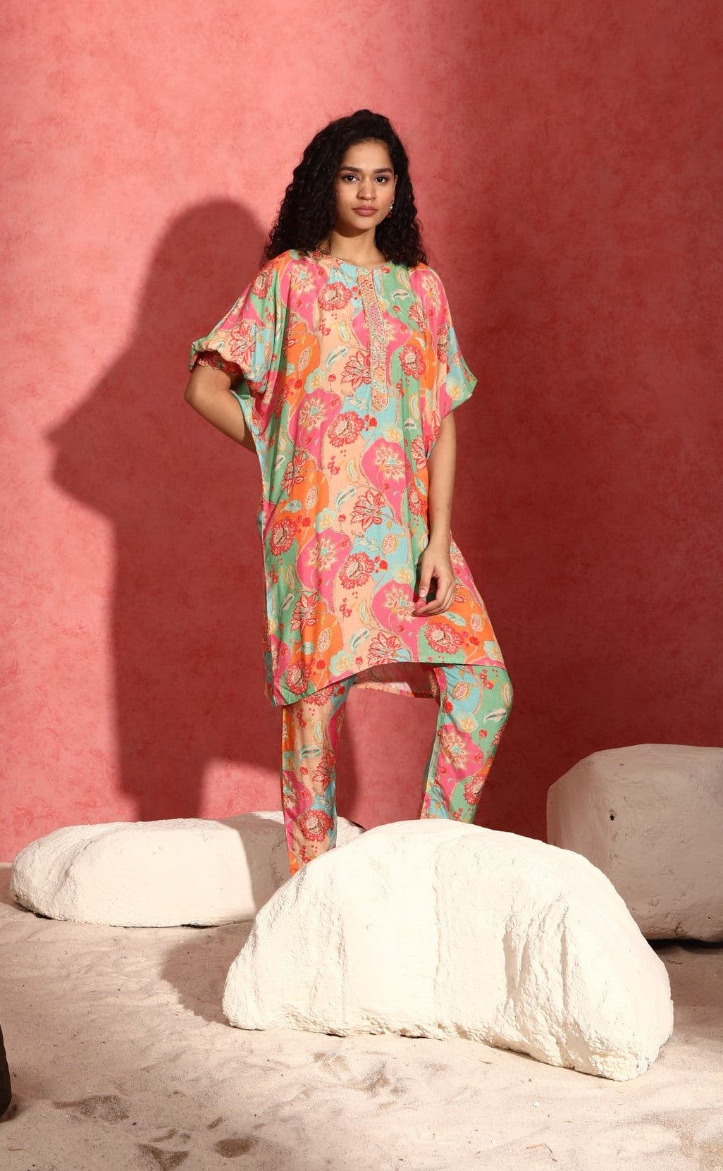 Multi colour print cape sleeve kurta pant set with embroidery on kurta patti-L