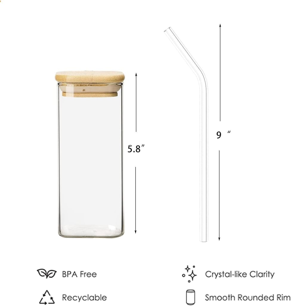 Square Glass Mason jar 410 ML Mug Sipper with Airtight Wooden Lid & Glass Straw Used for hot & Cold Drinks Borosilicate Tumbler Cup for Iced Coffee, Smoothie, Juice, Mocktail & Cocktail pack of 1