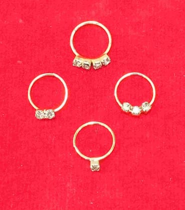 Gold-Plated Plated Brass, Metal, Alloy, 1 or 2 or 3 or 4 Stone Nose Ring Pack of 4