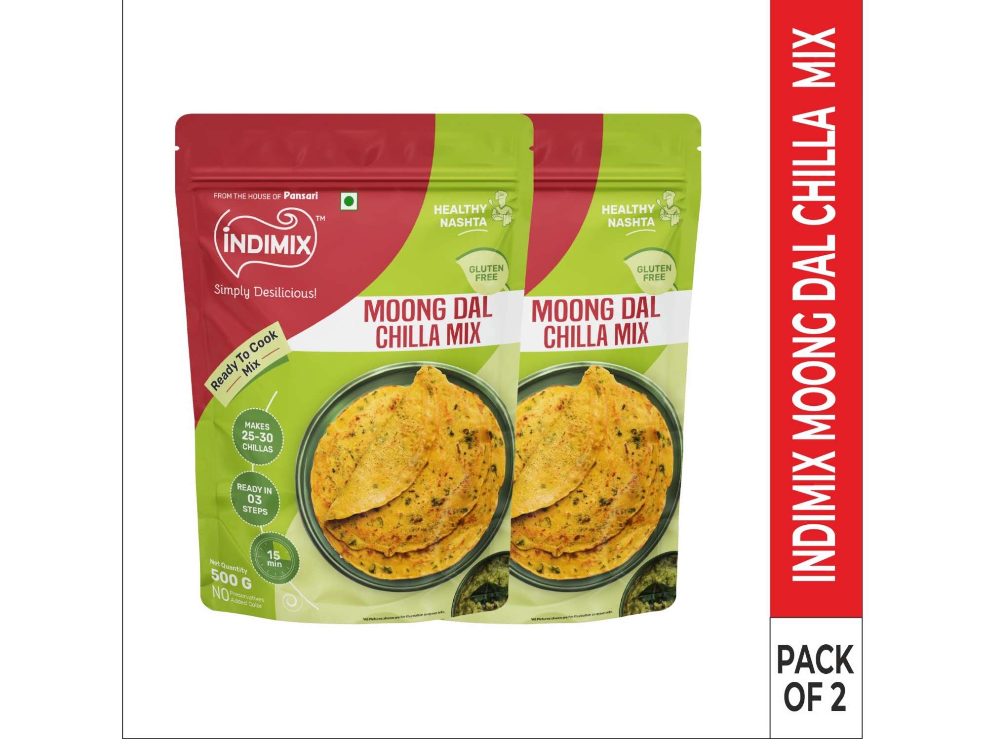 INDIMIX Instant Ready to Cook Moong dal Chilla Mix, Ready In 3 Steps, Healthy & Tasty 500g - Pack of 2