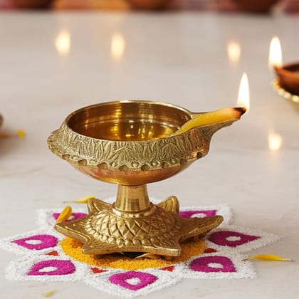 Brass Table Decor Oil Lamp Deepak On Tortoise  - Decorative Deepak for Puja & Aarti, Height : 2.4 Inch (ZMAS141 D)
