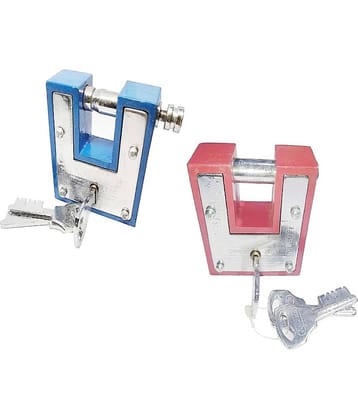 Unikkus Set of 2 Aligarh Bar Lock and key in red and blue color for Home, Shop, room, door and kitchen,100 MM, 3 Keys for each lock, Double Locking System Padlock