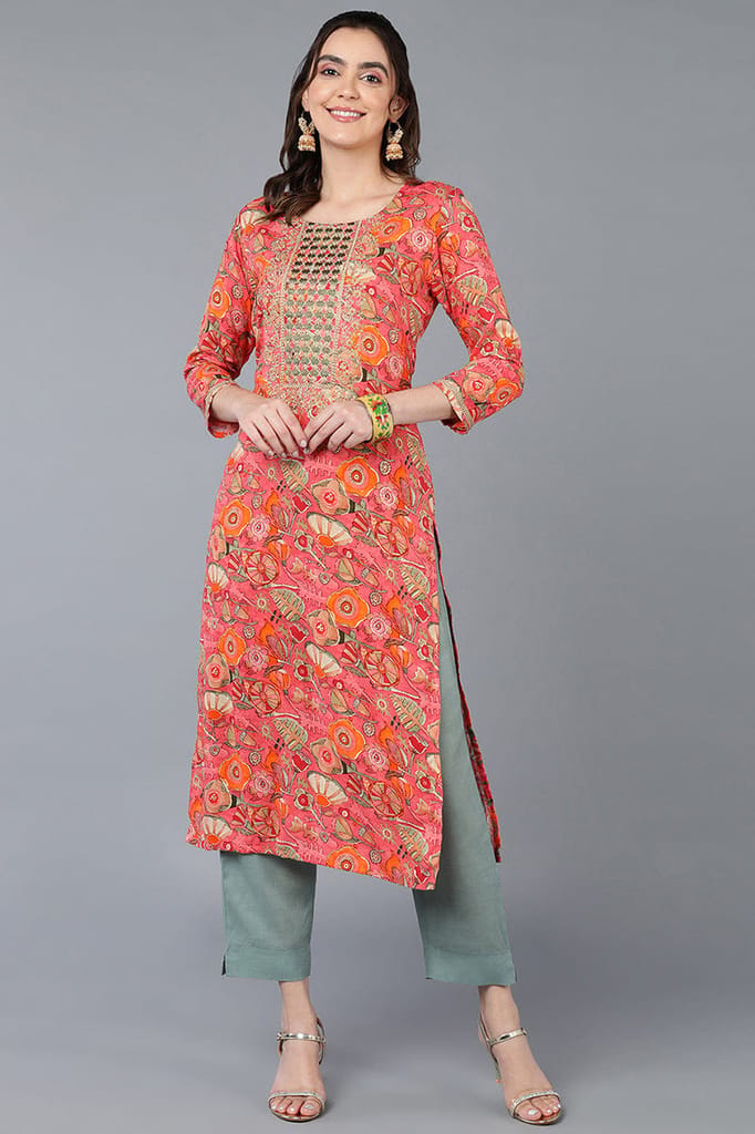 Pink Viscose Rayon Floral Printed Straight Kurta VCK9335 - Kurtas & Kurta Sets | Buy online on ZillyBuy