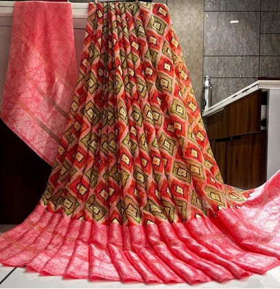 Women's Sattin Patta Printed Saree with Unstitched Blouse (Pink)
