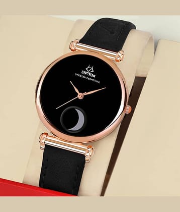 Septem Black Leather Analog Womens Watch