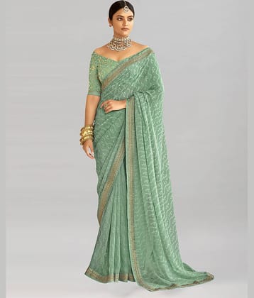 Satrani Georgette Printed Saree With Unstitched Blouse Piece ( Mint Green )