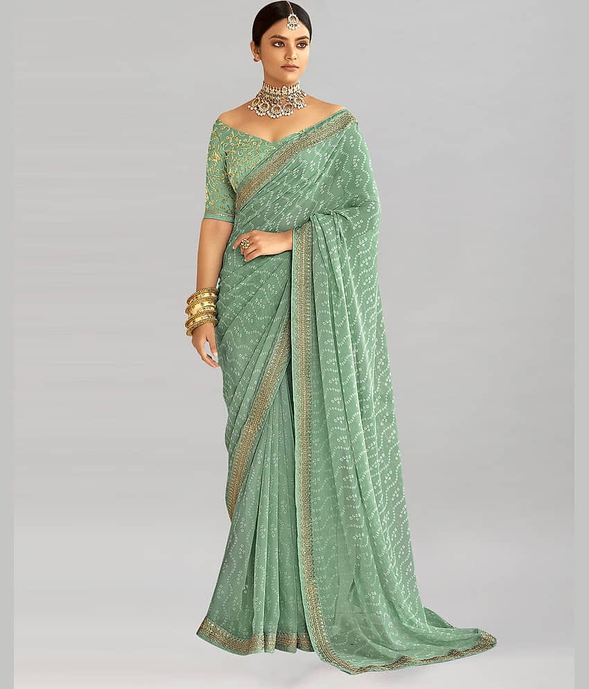 Satrani Georgette Printed Saree With Unstitched Blouse Piece ( Mint Green )