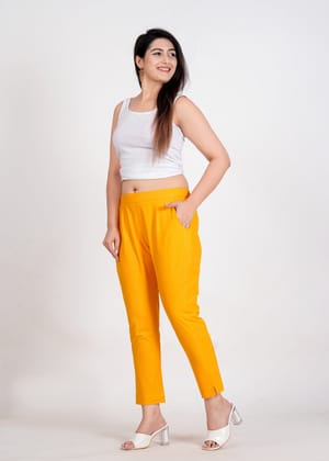 Women's Mustard Cotton Trouser Pant - Regular Fit for Office, School, and Casual Wear-S / Mustard / 100% Cotton