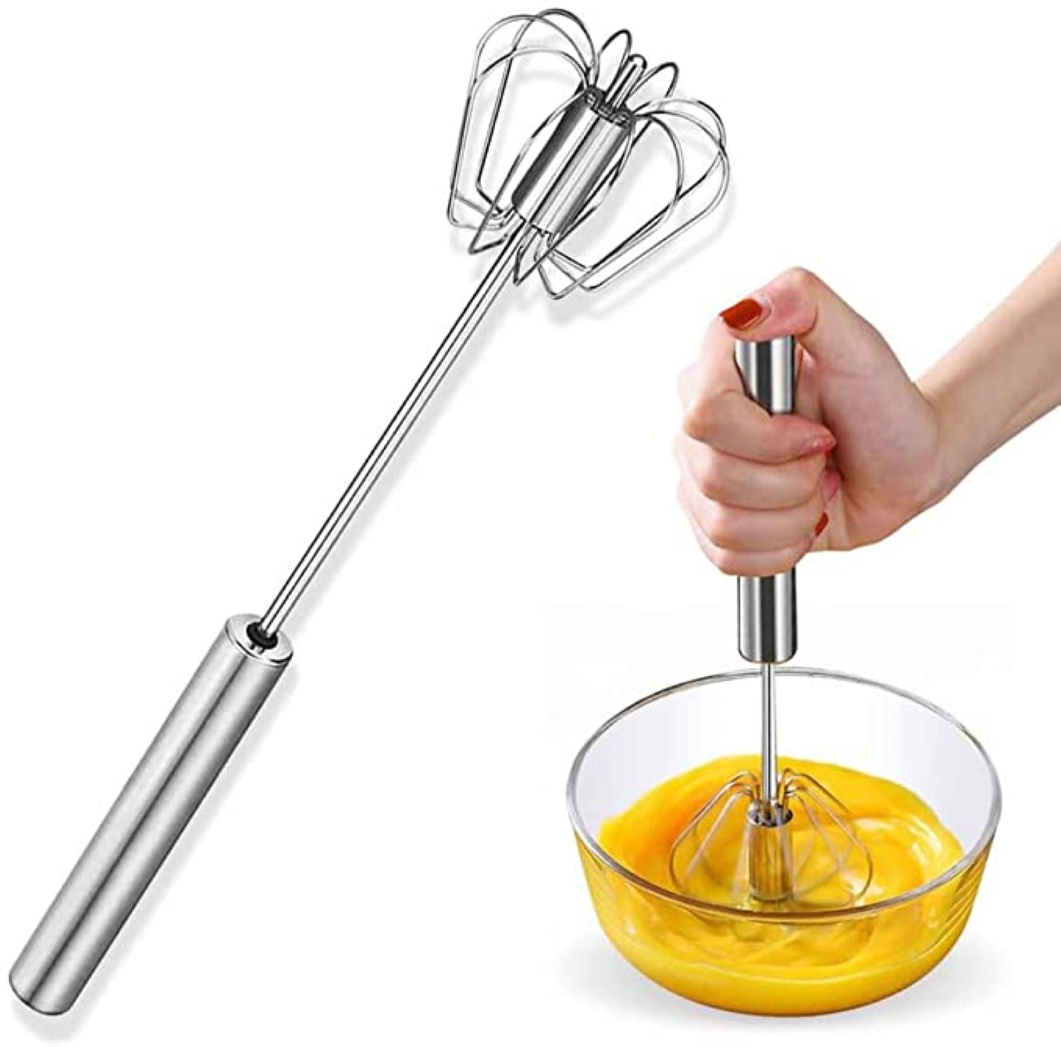 Stainless Steel Whisks, Hand Push Blender Semi-Automatic Mixer Egg Milk Beater Milk Frother Rotating Push Mixer for Blending