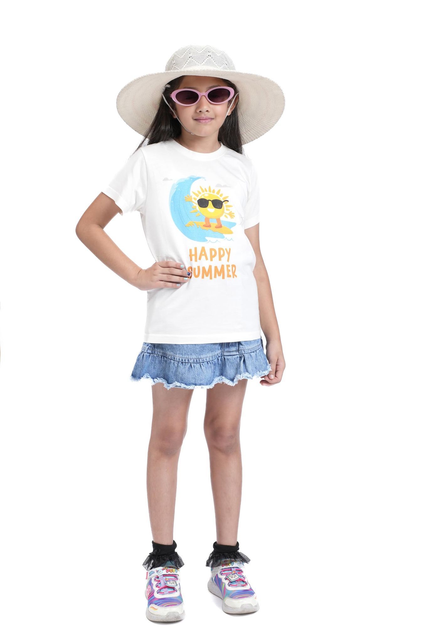 KUCHU Kids Graphic Printed T-Shirt | Happy Summer | Cotton Modal Fabric | Soft & Skin-Friendly | Everyday Casual Wear for Boys & Girls (in, Age, 10 Years, 11 Years, Regular, White)
