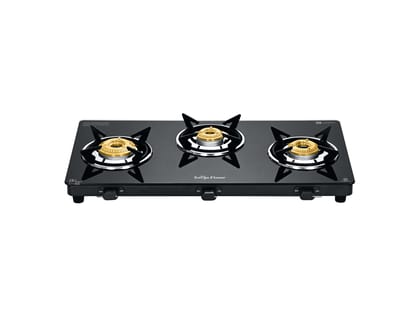 Surya Flame Creta Gas Stove 3 Burners, Tri-pin Brass Burner, 3 Burner Gas Stove Glass Top, Stove 3 Burner, Ultra Slim Design with Toughened Glass Top, Removable Drip Tray, ISI Certified - Black