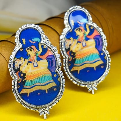 Silver Oxidized Earrings with Blue Enamel Work