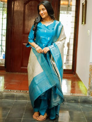 Womens Kurta Pent Dupatta Set Sky Blue Rasmalai  Suit