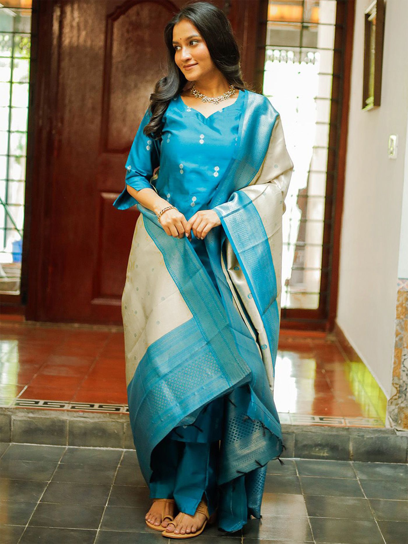 Womens Kurta Pent Dupatta Set Sky Blue Rasmalai  Suit