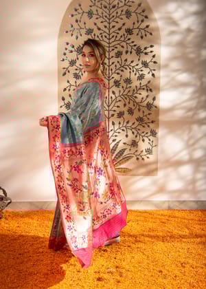 Janaki: Kanjivaram and Paithani Fusion Saree in the Shades of Blue and Red