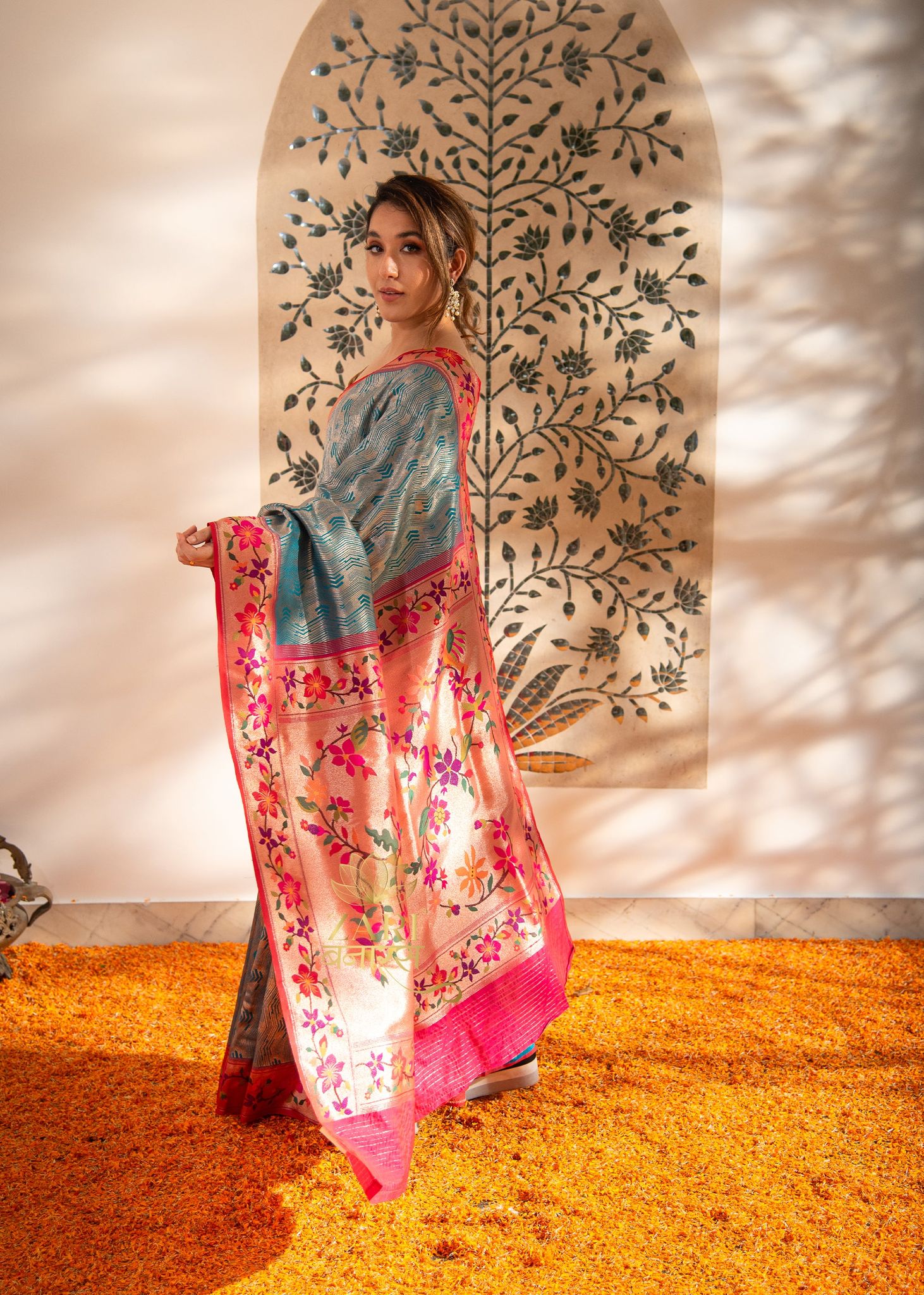 Janaki: Kanjivaram and Paithani Fusion Saree in the Shades of Blue and Red