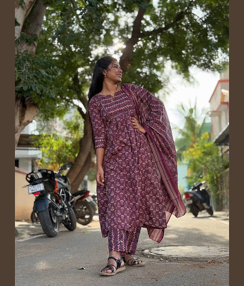 Rajnandini Women Cotton Blend Printed A-line Kurti With Pants ( Wine )