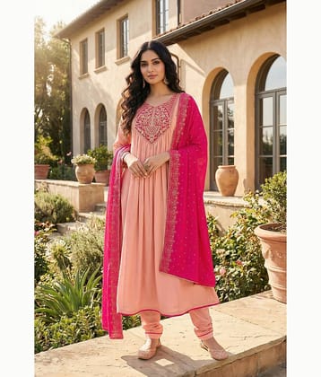 Hiva Trendz Women Polyester Embroidered Straight Kurti With Pants ( Peach )