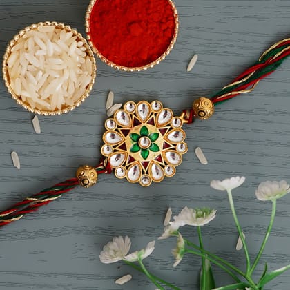 Beautiful Floral Kundan Rakhi and Roli Chawal Pack