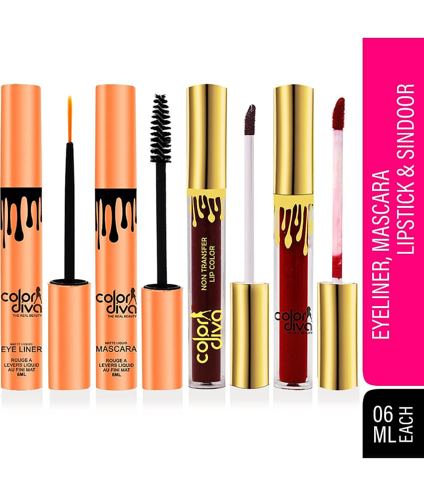 Color Diva Waterproof Eyeliner, Mascara, Sindoor & Liquid Lipstick Makeup Kit Pack of 4 24