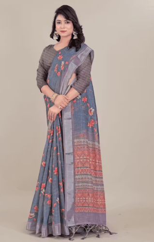 Fancy linen cotton digital printed saree with blouse