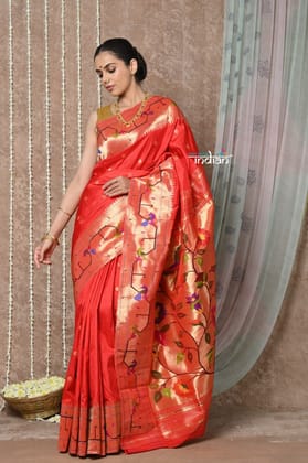 Tyohaar ~ Signature Weave! Handloom Pure Silk Paithani Saree with Handcrafted Traditional Floral Bageecha Pallu ~ Bright Red