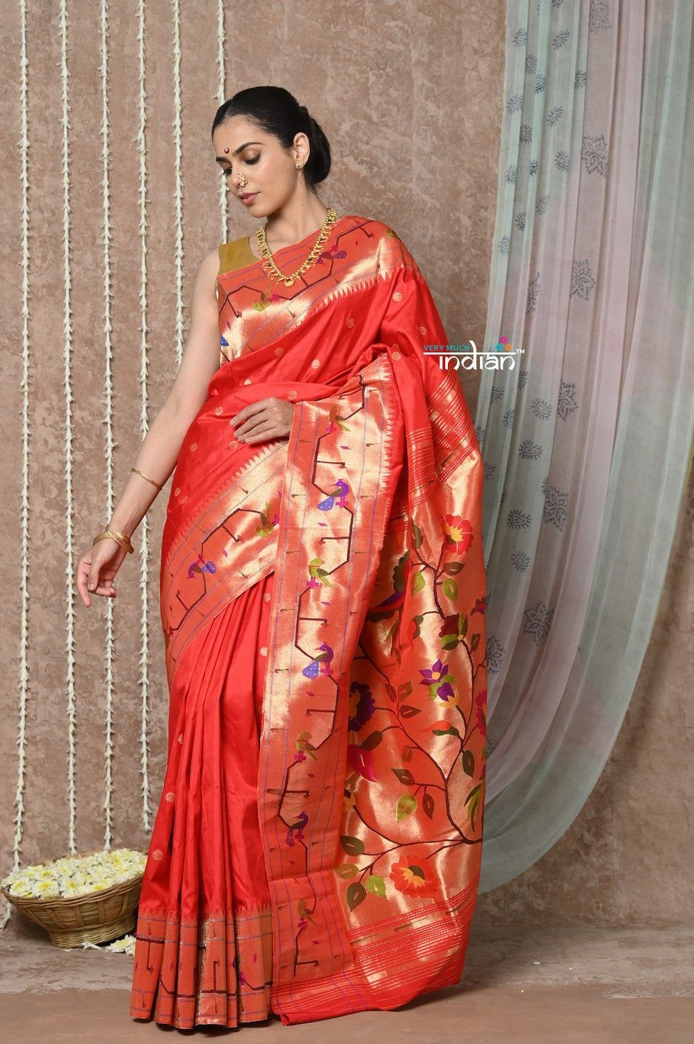 Tyohaar ~ Signature Weave! Handloom Pure Silk Paithani Saree with Handcrafted Traditional Floral Bageecha Pallu ~ Bright Red