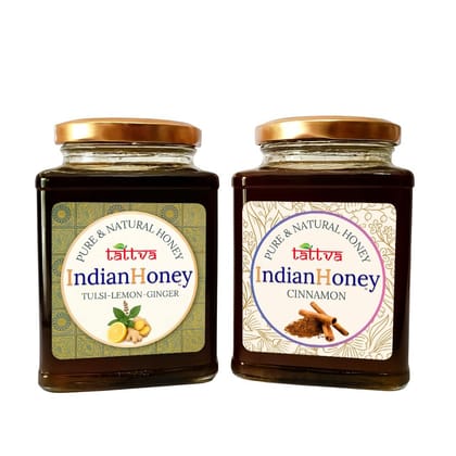 IndianHoney Cinnamon & Tulsi Lemon Ginger Honey Combo (Pack of 2) | Pure & Natural | 1kg (500g Each) | Unprocessed & Unfiltered Natural Sweetener