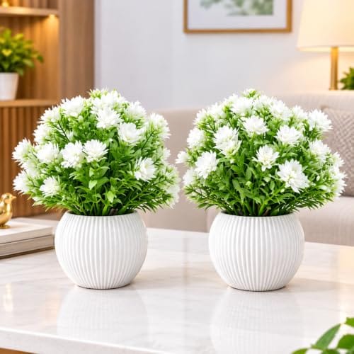 Artificial Green and White Flower Plant with White Pot, 7.5 Inch Height, Decorative Indoor Plant for Home & Office