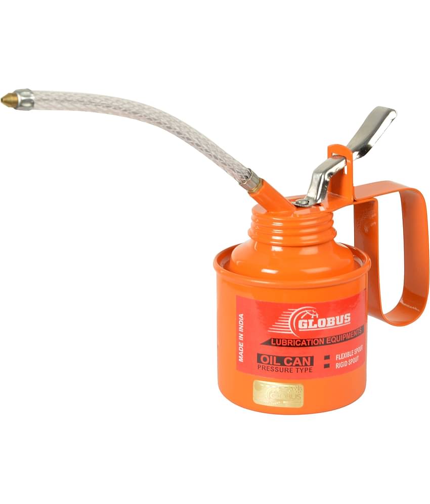GLOBUS STEEL OIL CAN 1 PINT ORANGE COLOUR FINISH WITH FLEXIBLE SPOUT.