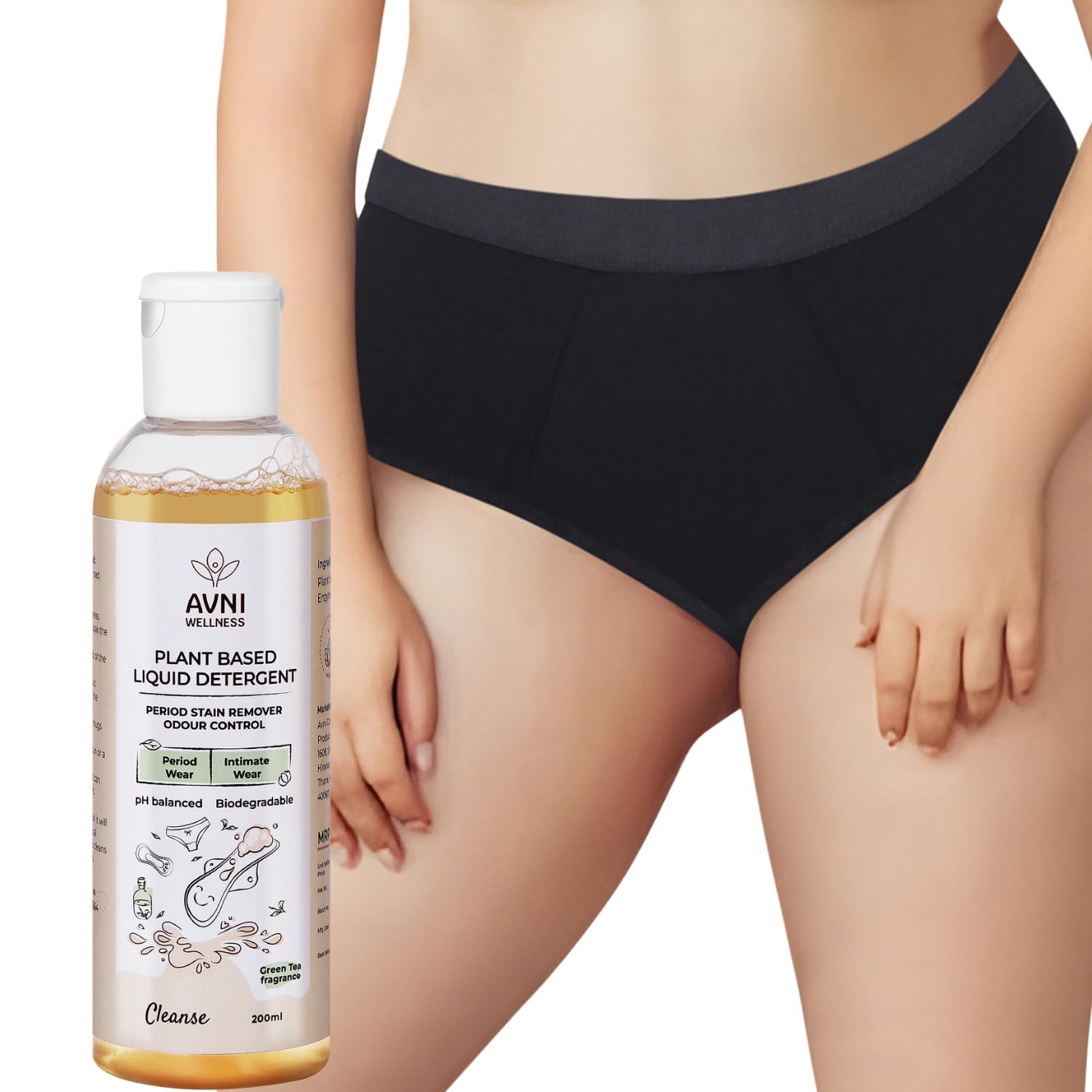 Avni - Washable Period Panty | 1 Panty Size S + 200ml Liquid Detergent | Breathable Bamboo Fabric | Medium to Heavy Flow | Protection up to 10 hrs | High Waist for Women | Reusable for 2 yrs Black